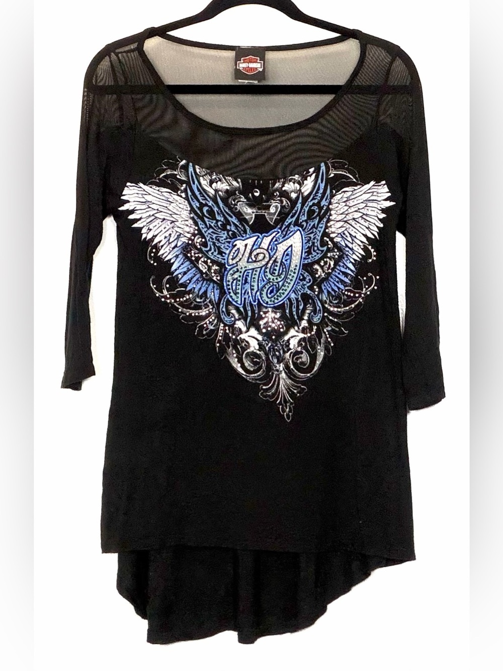Harley-Davidson Black Tunic with Blue Wing and Silver Accent Graphic